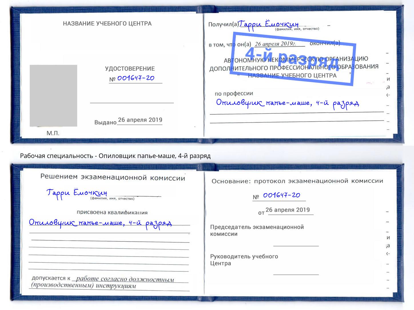 корочка 4-й разряд Опиловщик папье-маше Саров