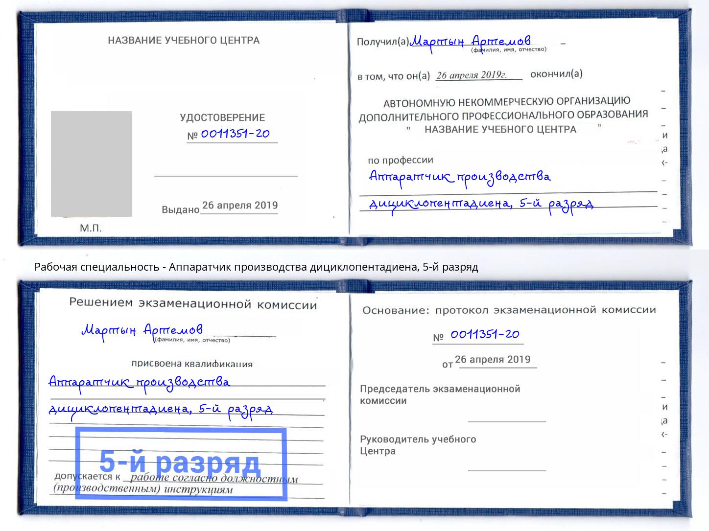 корочка 5-й разряд Аппаратчик производства дициклопентадиена Саров