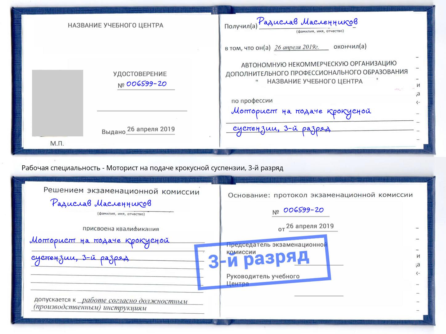 корочка 3-й разряд Моторист на подаче крокусной суспензии Саров