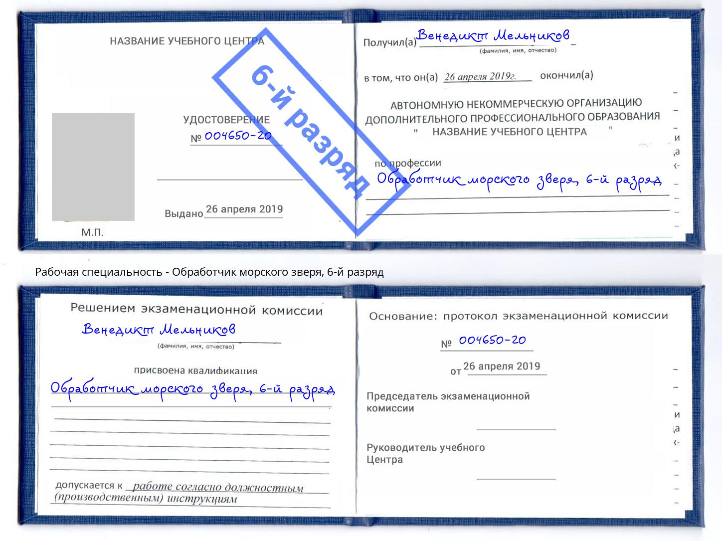 корочка 6-й разряд Обработчик морского зверя Саров