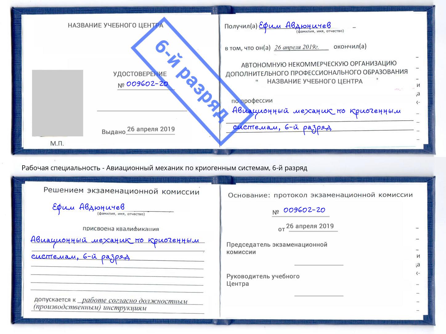 корочка 6-й разряд Авиационный механик по криогенным системам Саров