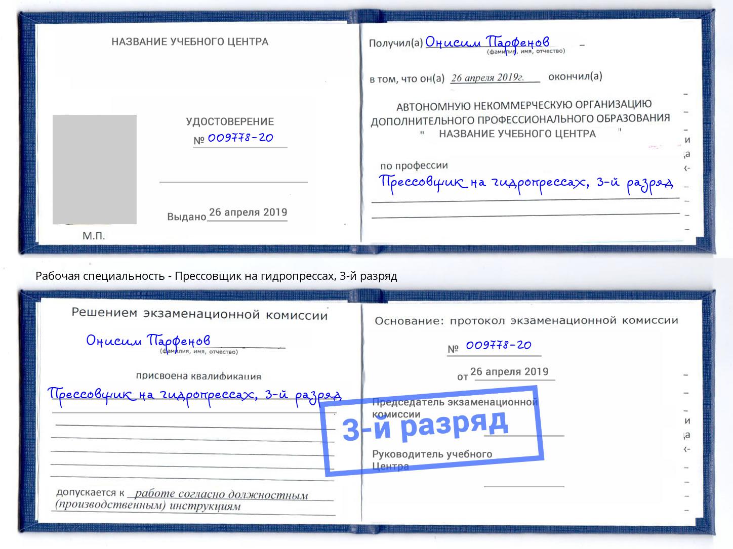 корочка 3-й разряд Прессовщик на гидропрессах Саров