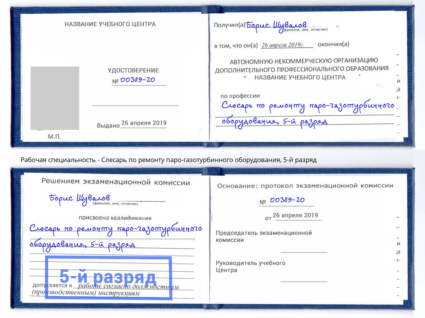корочка 5-й разряд Слесарь по ремонту паро-газотурбинного оборудования Саров