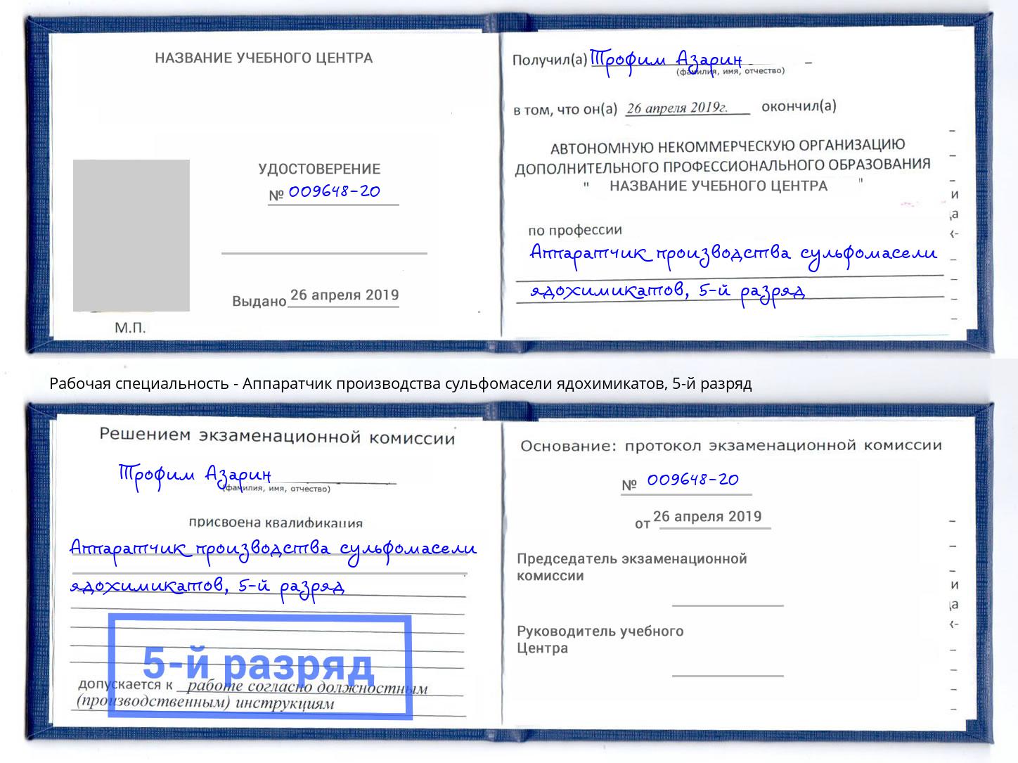 корочка 5-й разряд Аппаратчик производства сульфомасели ядохимикатов Саров