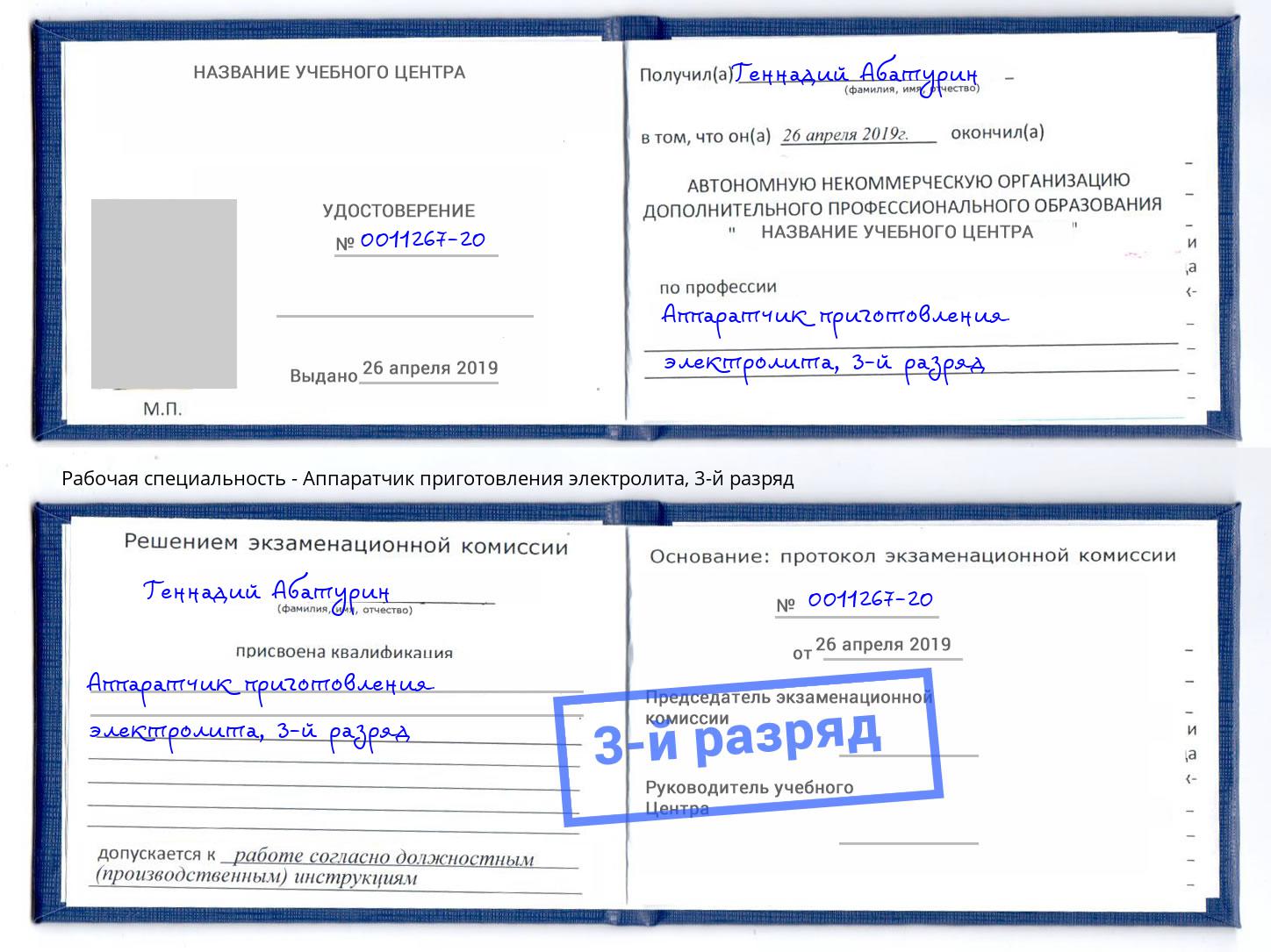 корочка 3-й разряд Аппаратчик приготовления электролита Саров