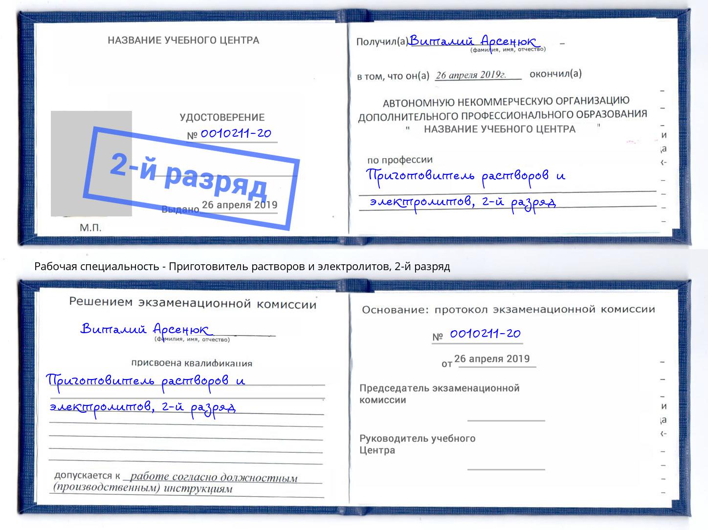 корочка 2-й разряд Приготовитель растворов и электролитов Саров