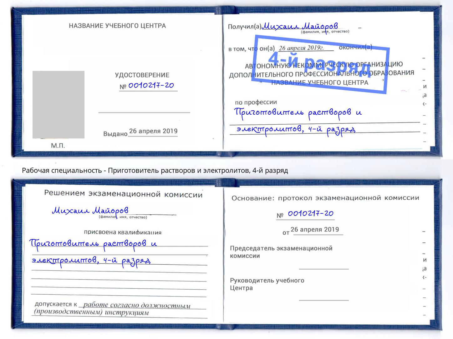 корочка 4-й разряд Приготовитель растворов и электролитов Саров