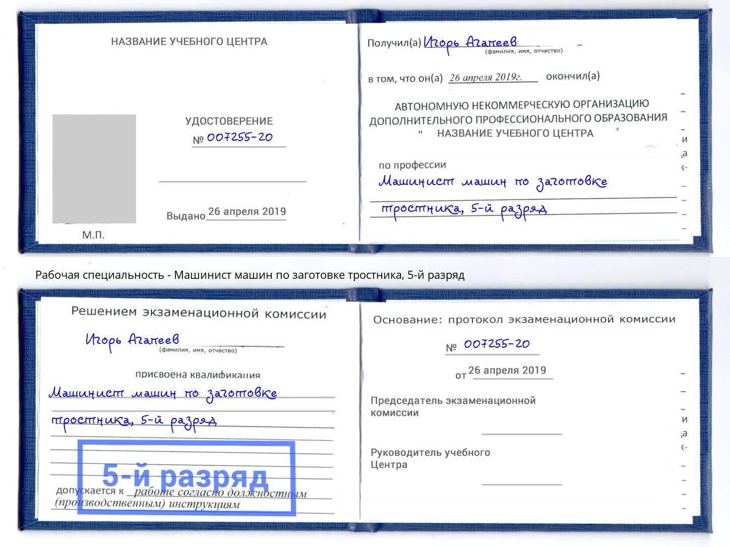 корочка 5-й разряд Машинист машин по заготовке тростника Саров