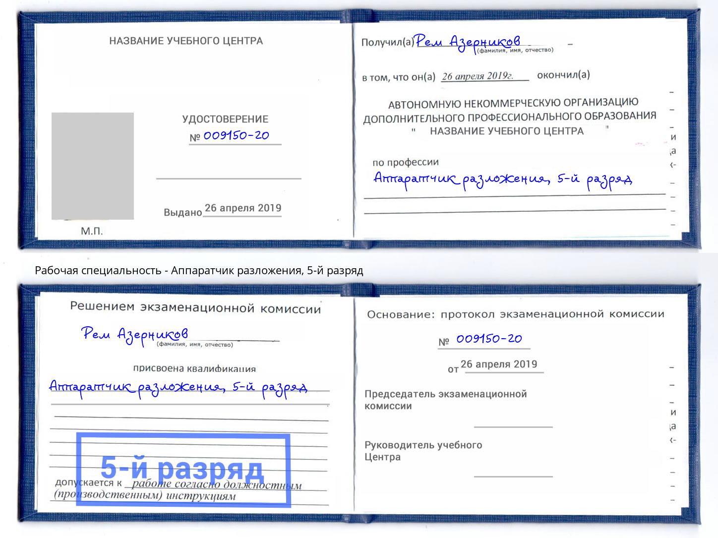корочка 5-й разряд Аппаратчик разложения Саров