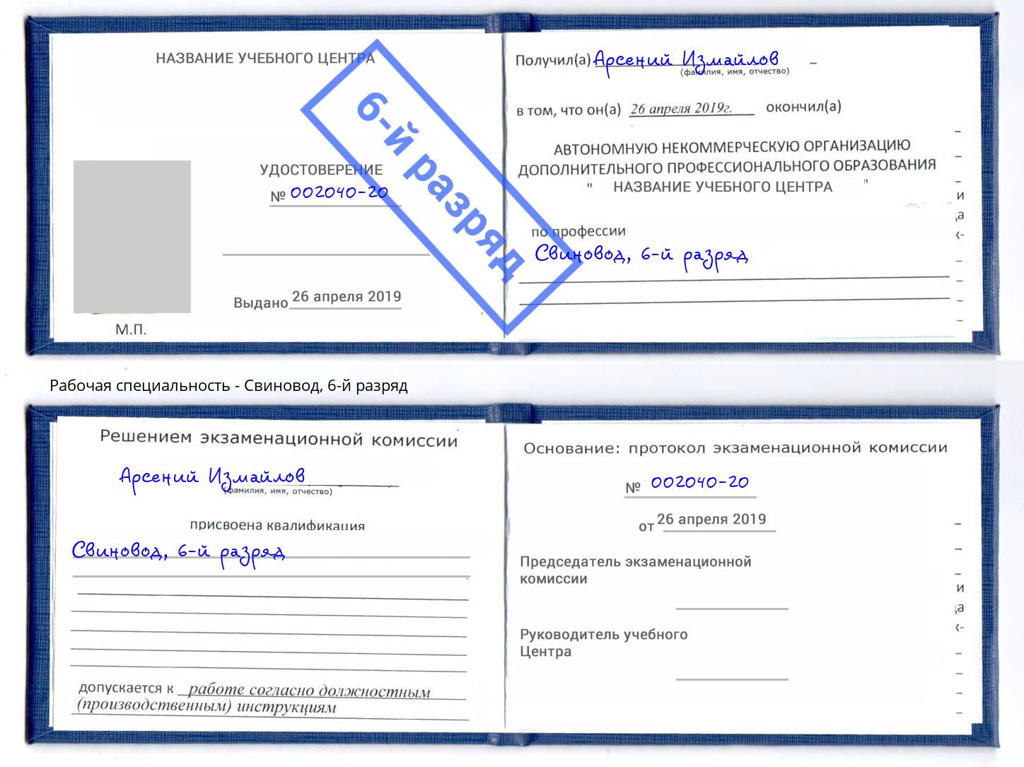 корочка 6-й разряд Свиновод Саров