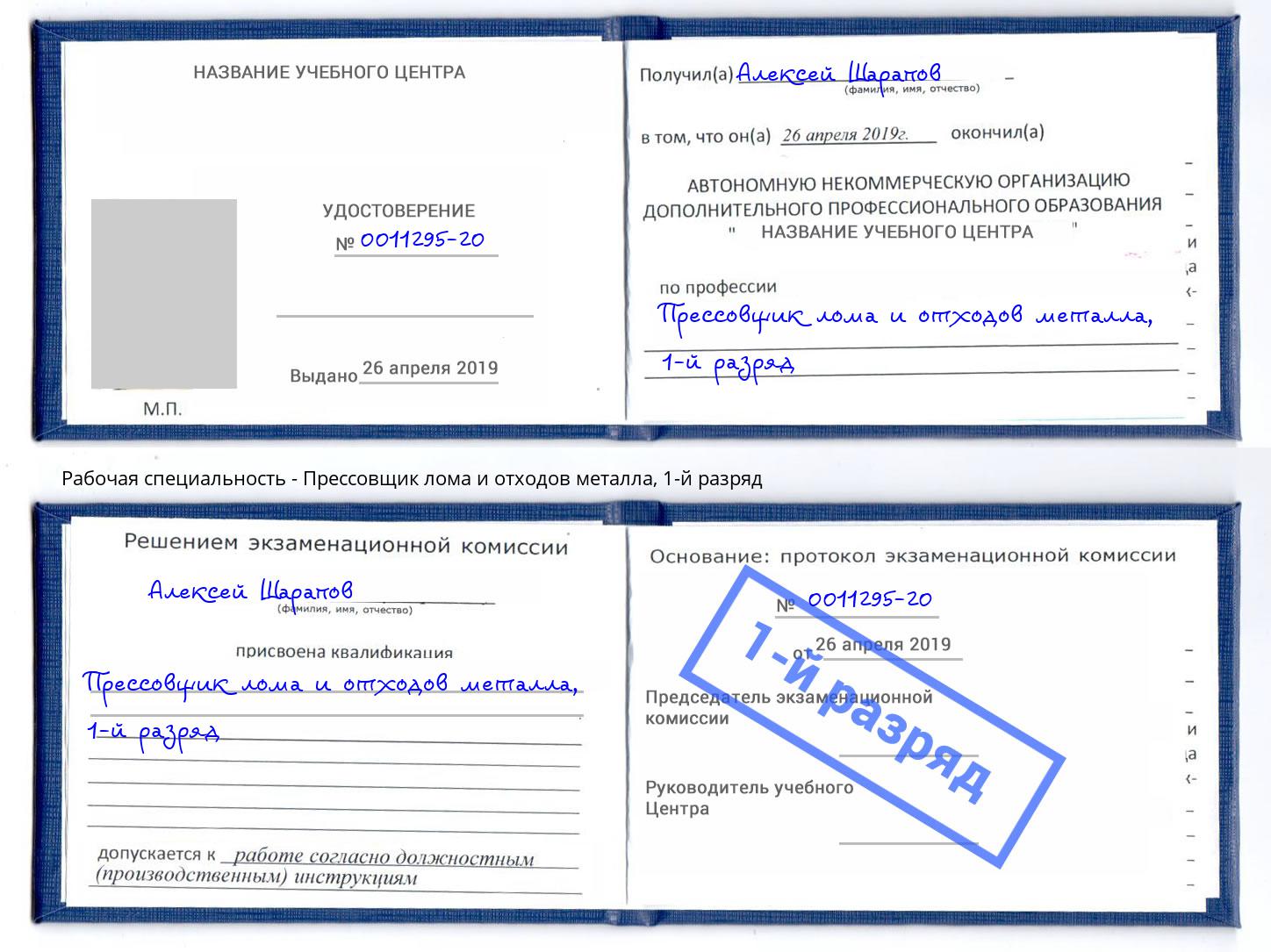 корочка 1-й разряд Прессовщик лома и отходов металла Саров