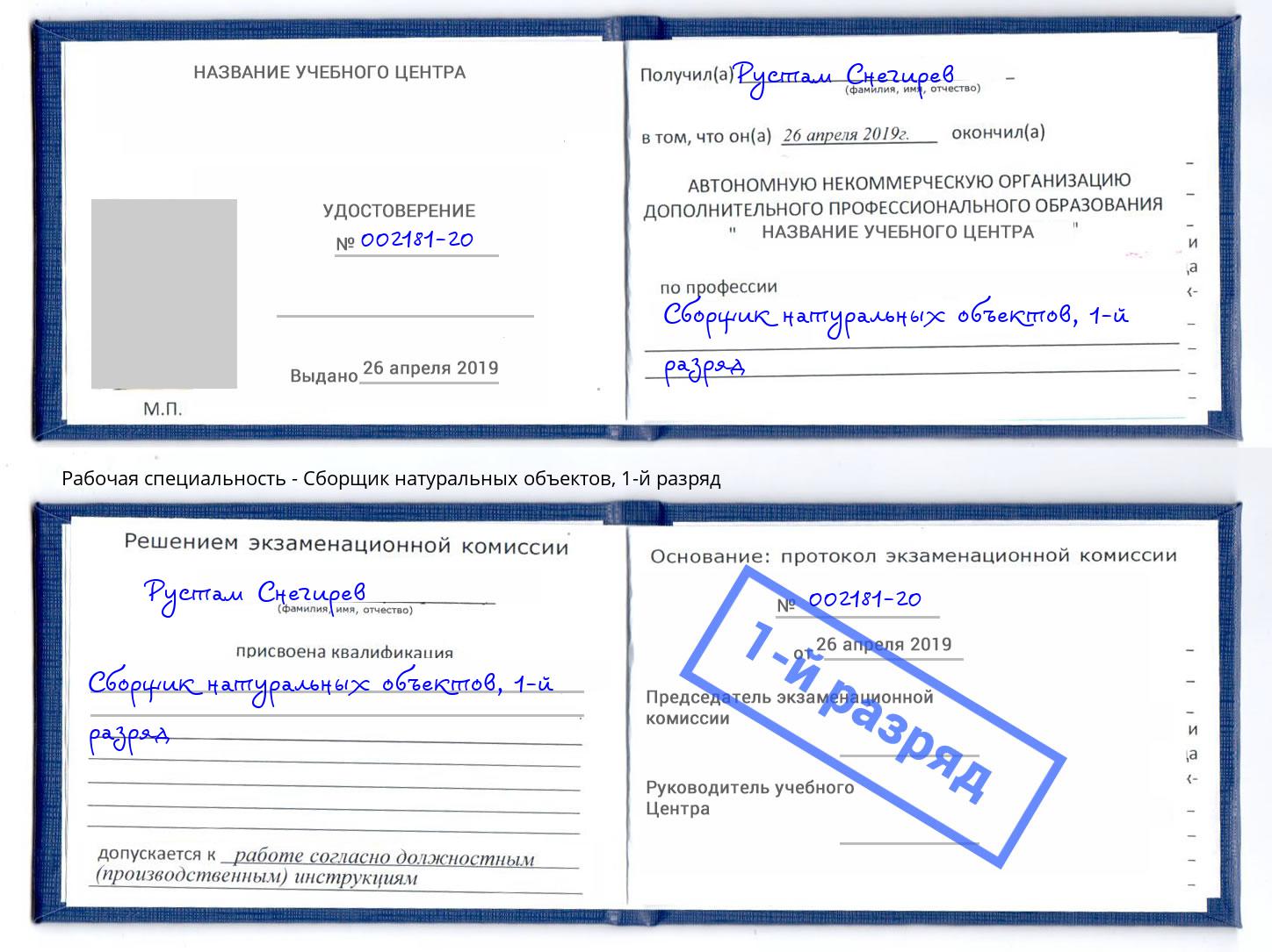 корочка 1-й разряд Сборщик натуральных объектов Саров