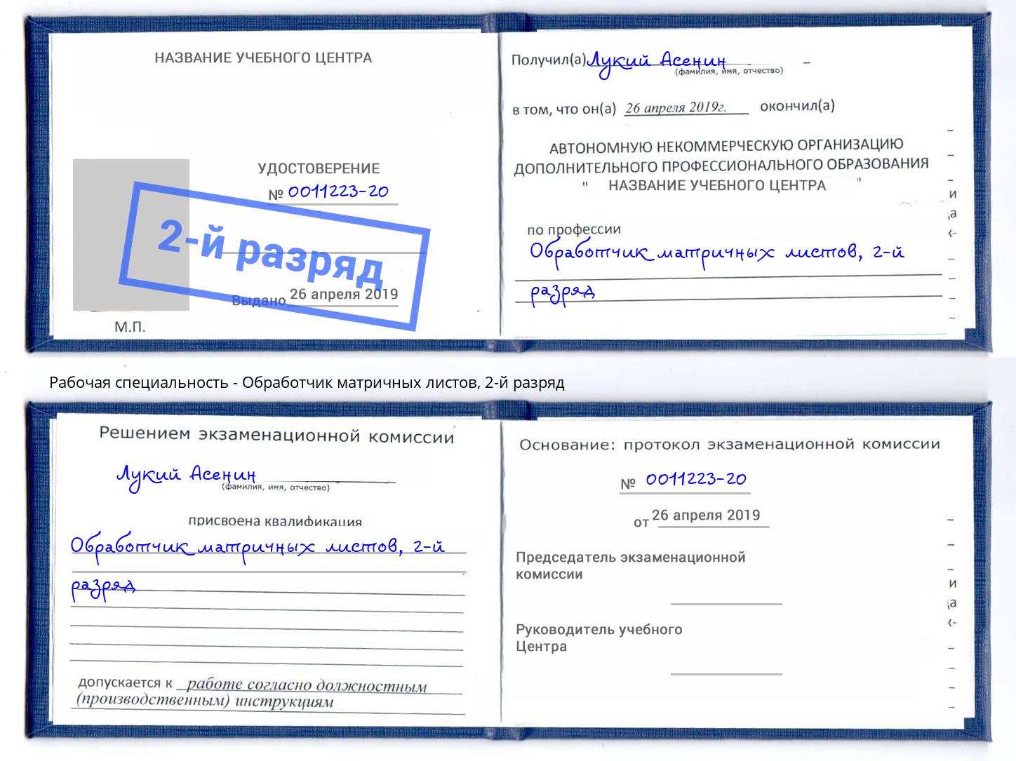 корочка 2-й разряд Обработчик матричных листов Саров