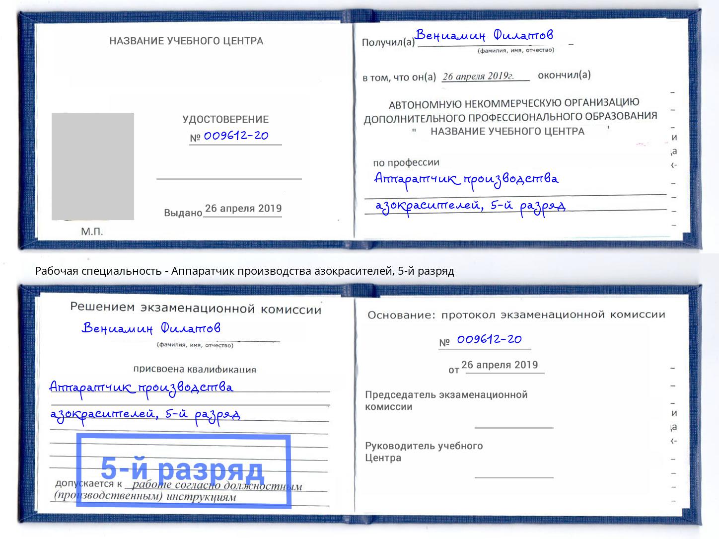 корочка 5-й разряд Аппаратчик производства азокрасителей Саров