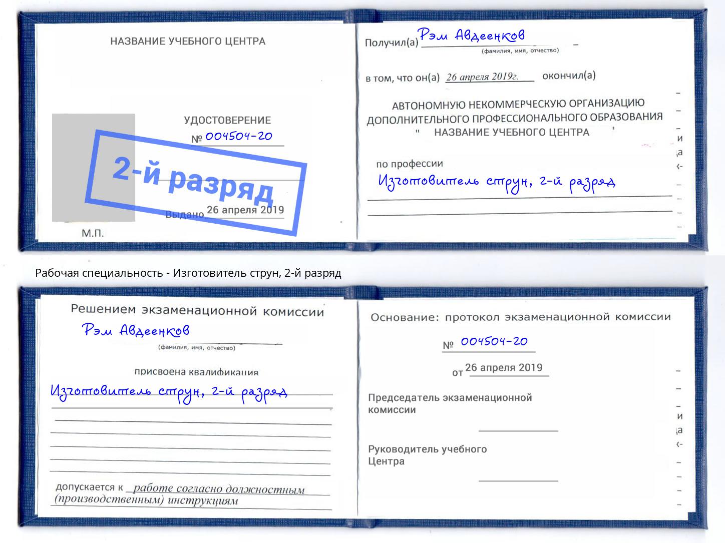корочка 2-й разряд Изготовитель струн Саров