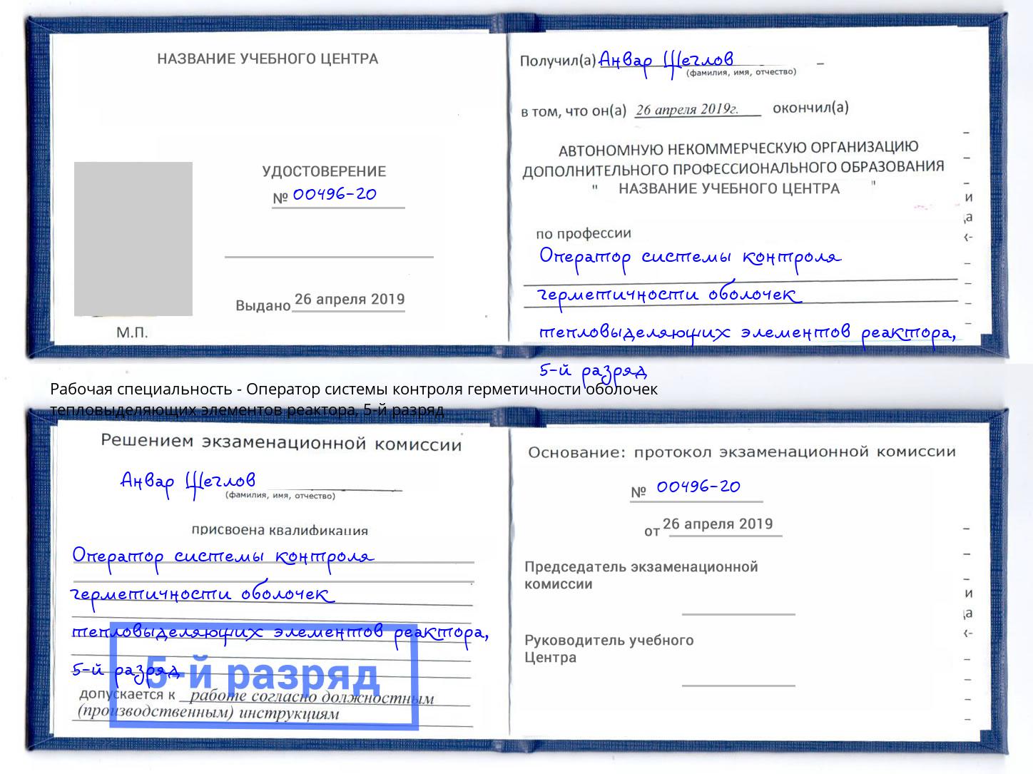 корочка 5-й разряд Оператор системы контроля герметичности оболочек тепловыделяющих элементов реактора Саров