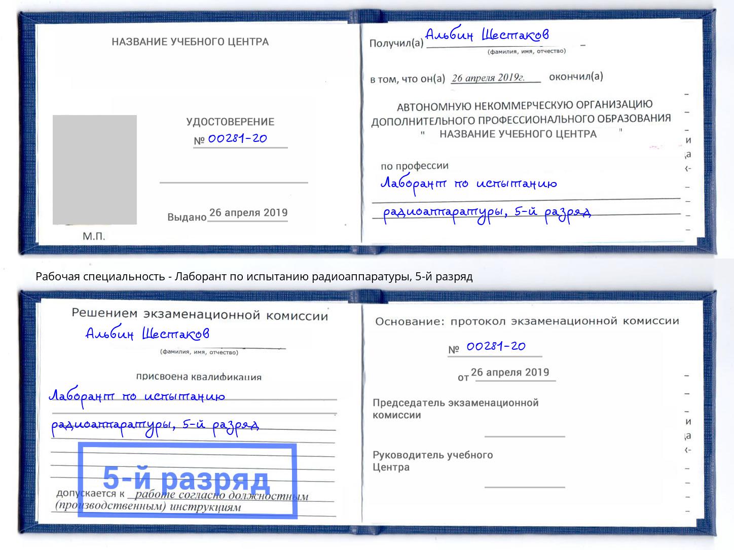 корочка 5-й разряд Лаборант по испытанию радиоаппаратуры Саров