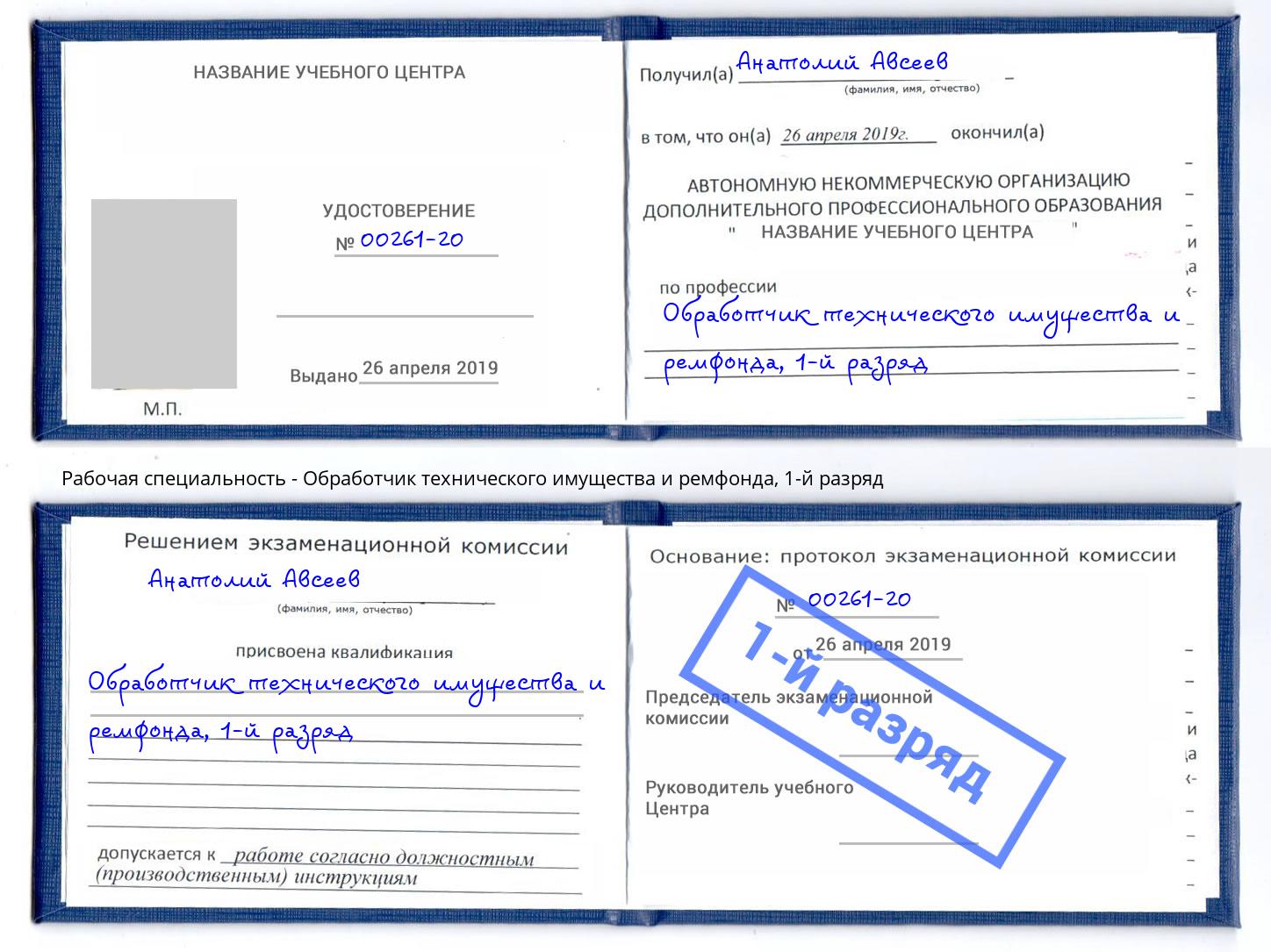 корочка 1-й разряд Обработчик технического имущества и ремфонда Саров