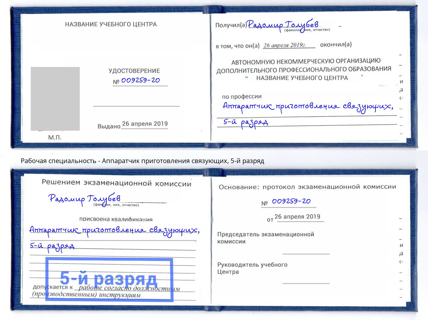 корочка 5-й разряд Аппаратчик приготовления связующих Саров
