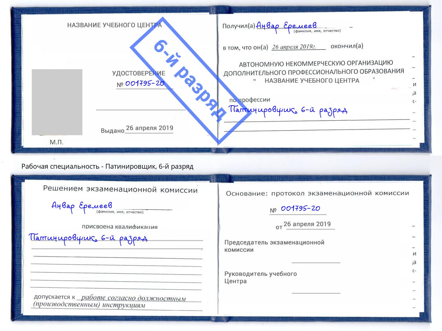 корочка 6-й разряд Патинировщик Саров